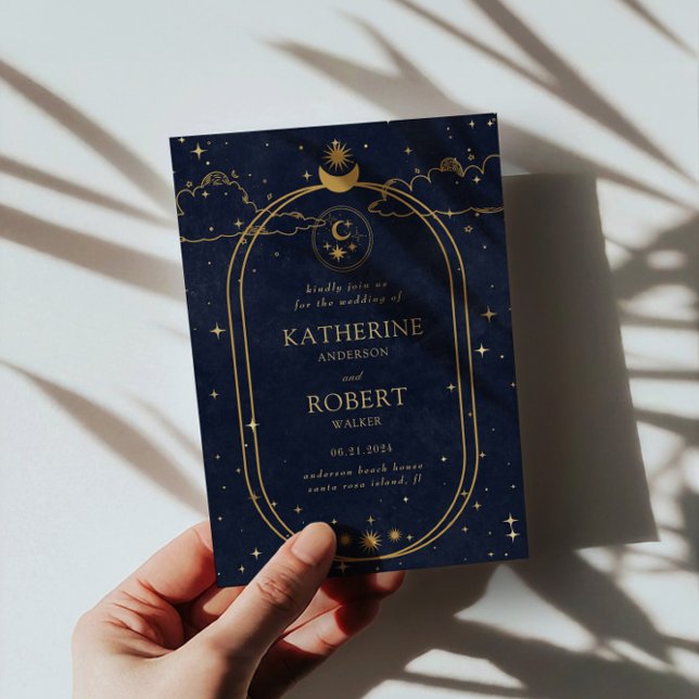 Invitation Mariage bleu foncé de lune d'or céleste mystique (Créateur téléchargé)