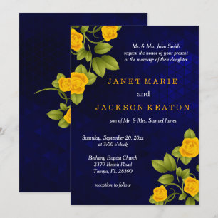 Invitation Mariage bleu foncé et marigold jaune rose