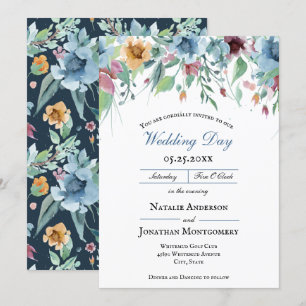 Invitation mariage bleu foncé et romantique