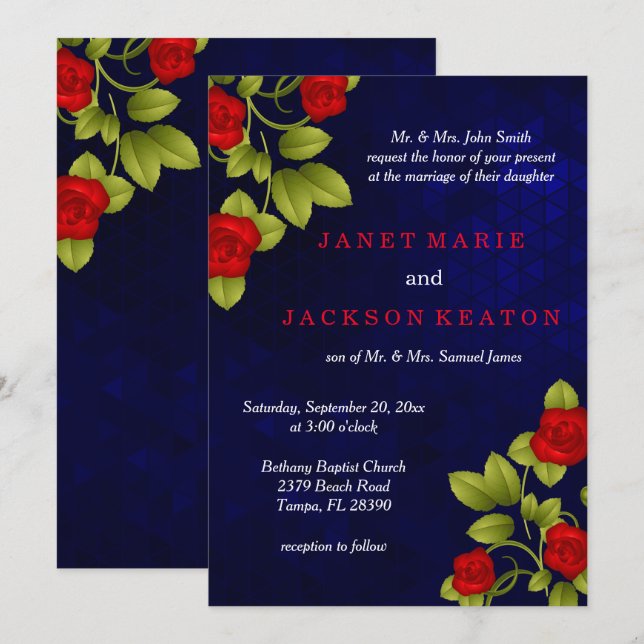 Invitation Mariage bleu foncé et rose rouge (Devant / Derrière)