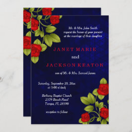 Invitation Mariage bleu foncé et rose rouge