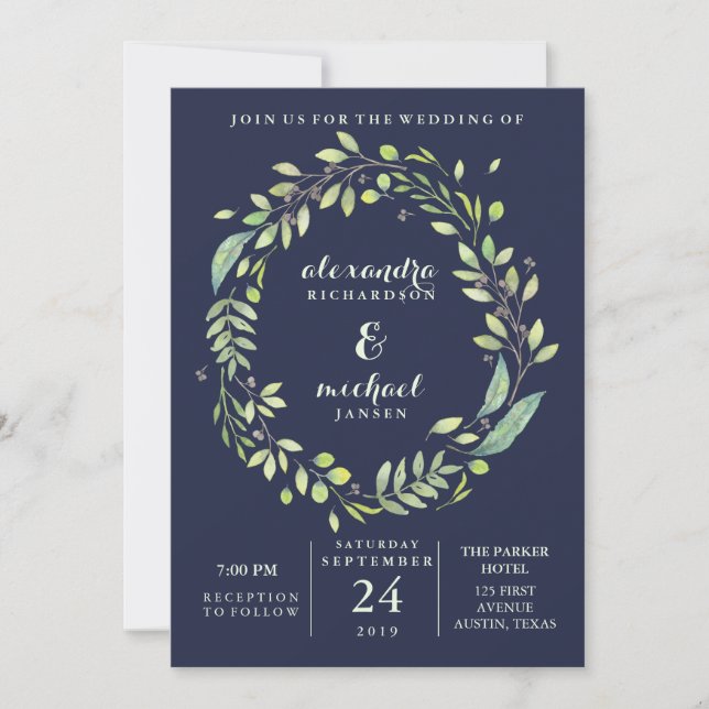 Invitation Mariage bleu-foncé feuillu de guirlande (Devant)