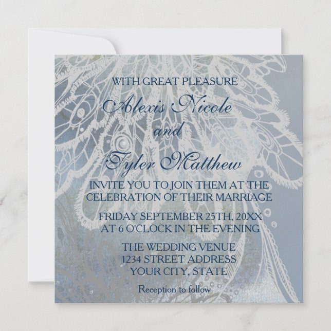 Invitation Mariage bleu Lace Couple Silhouette (Devant)