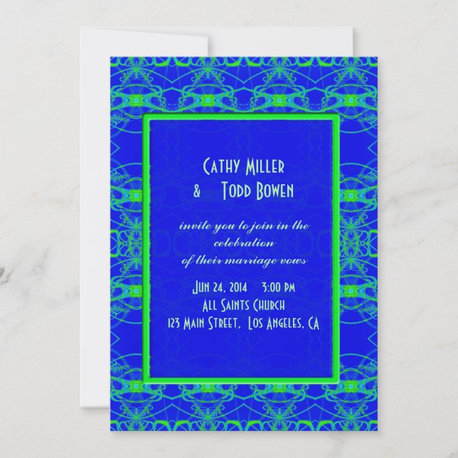 Invitation Mariage bleu lumineux de motif de vert de chaux (Devant)