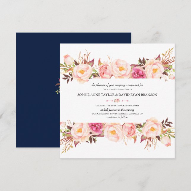 Invitation Mariage bleu marine à cadre rose rustique (Devant / Derrière)