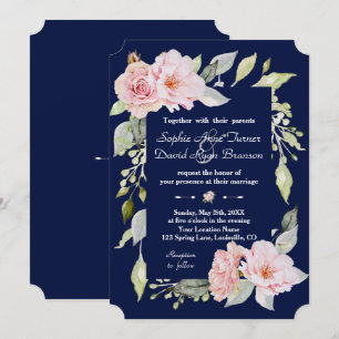 Invitation Mariage bleu marine à fleurs rose pâle