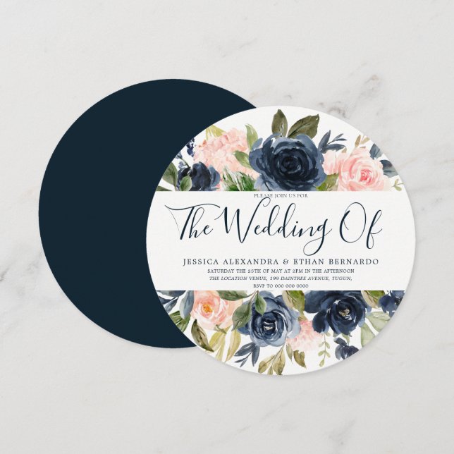 Invitation Mariage bleu marine Aquarelle Flush Flowers (Devant / Derrière)