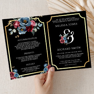 Invitation Mariage bleu marine burgundy floral Esperluette no