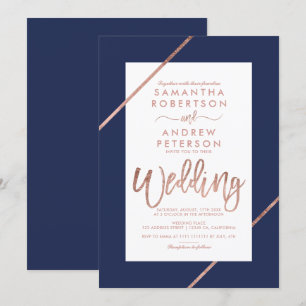 Invitation mariage bleu marine de la typographie Rose de l'or