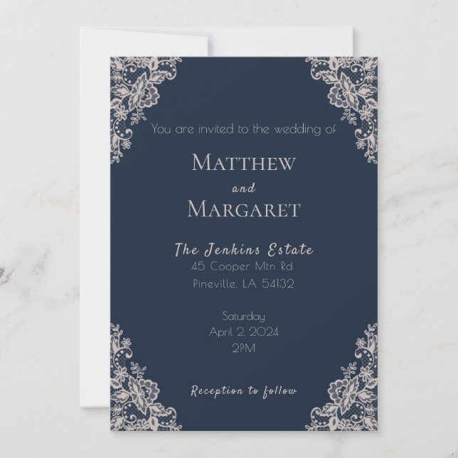 Invitation Mariage bleu marine et dentelle (Devant)