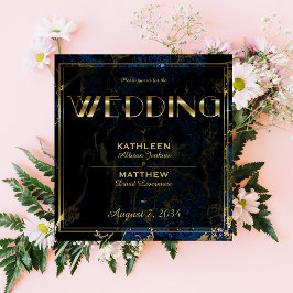 Invitation Mariage bleu marine et marbre (faux) or