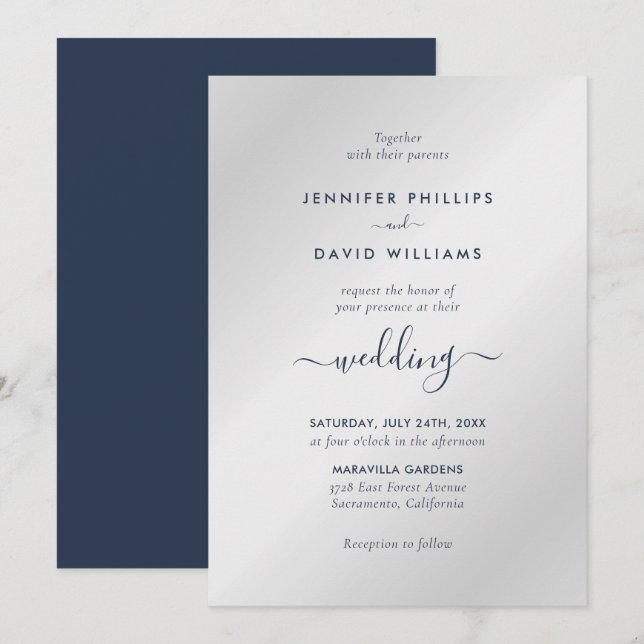 Invitation Mariage bleu marine moderne et argent (Devant / Derrière)