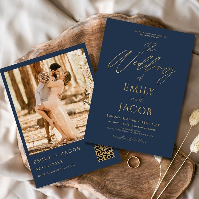 Invitation Mariage bleu marine or QR Code photo Script (Créateur téléchargé)