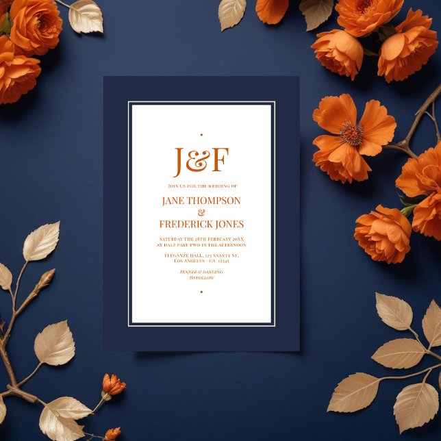 Invitation Mariage bleu marine, orange brûlé et champagne (Navy Blue, Burnt Orange and Champagne Wedding Invitation)