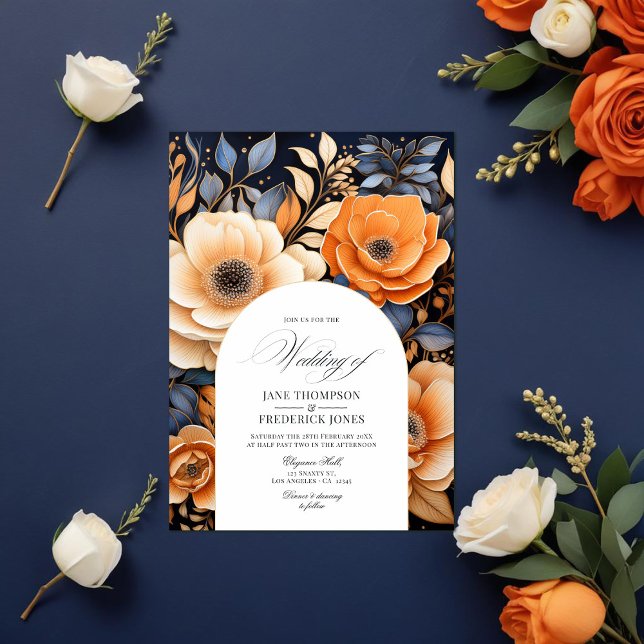 Invitation Mariage bleu marine, orange brûlé et champagne (Navy Blue, Burnt Orange and Champagne Wedding Invitation)