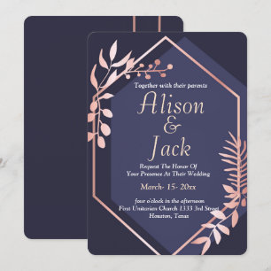 Invitation mariage bleu marine Rose à cadre géométrique or