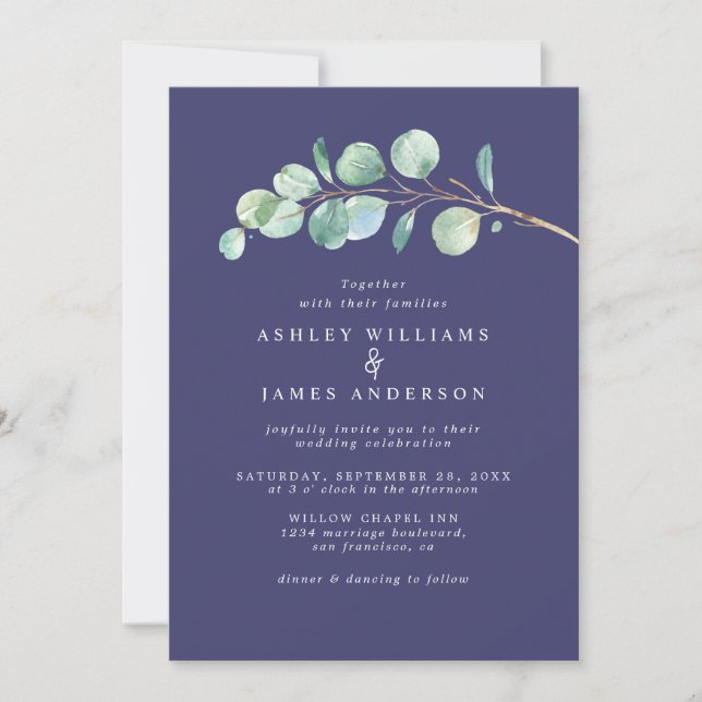 Invitation Mariage bleu marine simple Eucalyptus Folift (Devant)