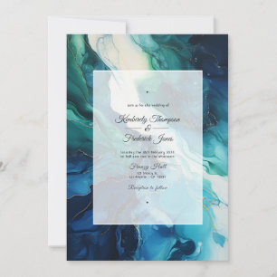 Invitation Mariage bleu marine, vert émeraude et encre d'arge