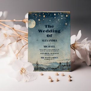 Invitation Mariage bleu mystique vintage soleil lune