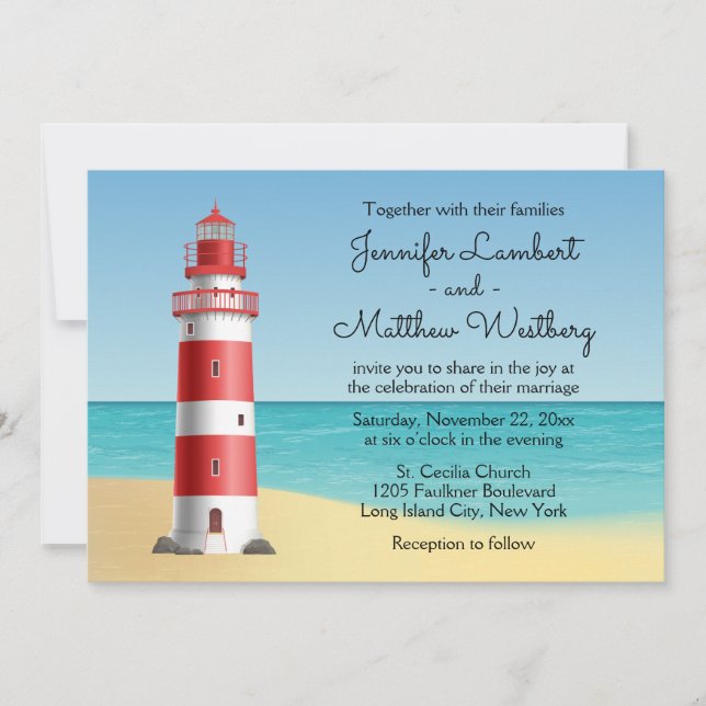 Invitation Mariage bleu nautique de la plage du phare (Devant)