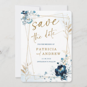 Invitation Mariage Bleu Nuit et Or Enregistrez la Date