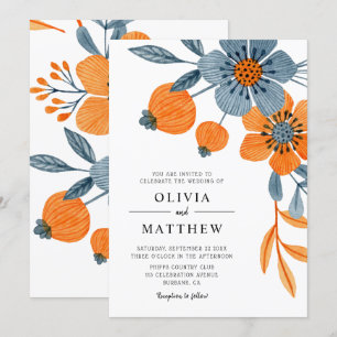 Invitation Mariage bleu orange fleuri Boho gras