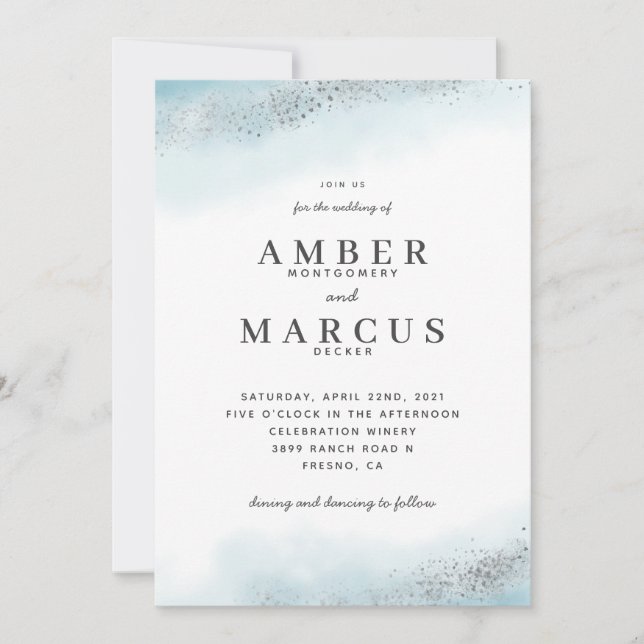 Invitation Mariage bleu Parties scintillant d'argent Ethereal (Devant)