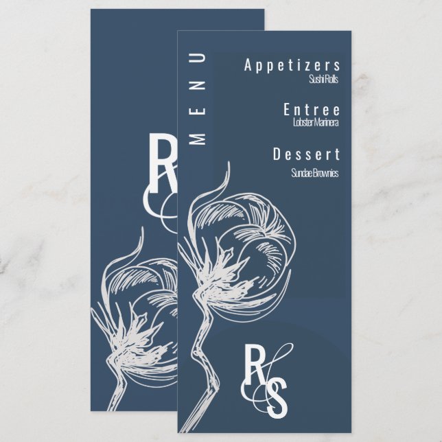 Invitation Mariage bleu Plante en coton botanique (Devant / Derrière)