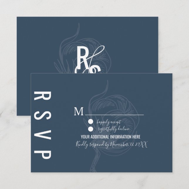 Invitation Mariage bleu Plante en coton botanique (Devant / Derrière)