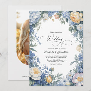 Invitation Mariage Bleu Poudre, Mousseline de Citron et Blanc