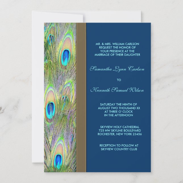 Invitation Mariage Blue Gold Peacock Feathers (Devant)