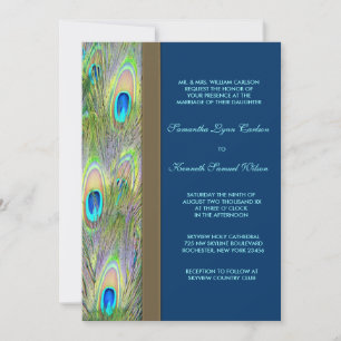 Invitation Mariage Blue Gold Peacock Feathers