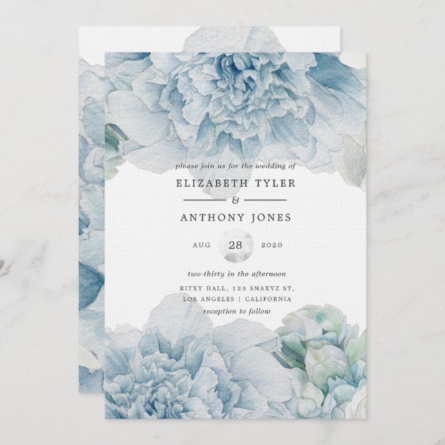 Invitation Mariage Blue Peonies (Devant / Derrière)