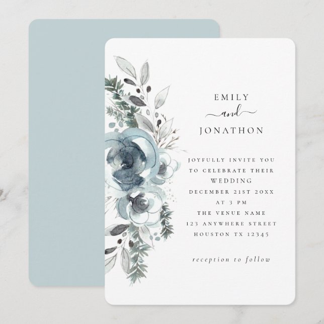 Invitation Mariage Blue Winter Florals (Devant / Derrière)