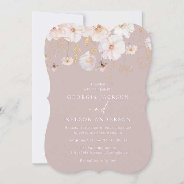 Invitation Mariage Blush Fleur sauvage Aquarelle de luxe (Devant)