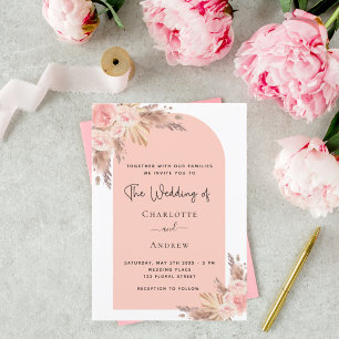Invitation Mariage blush pampas herbe rose or boho