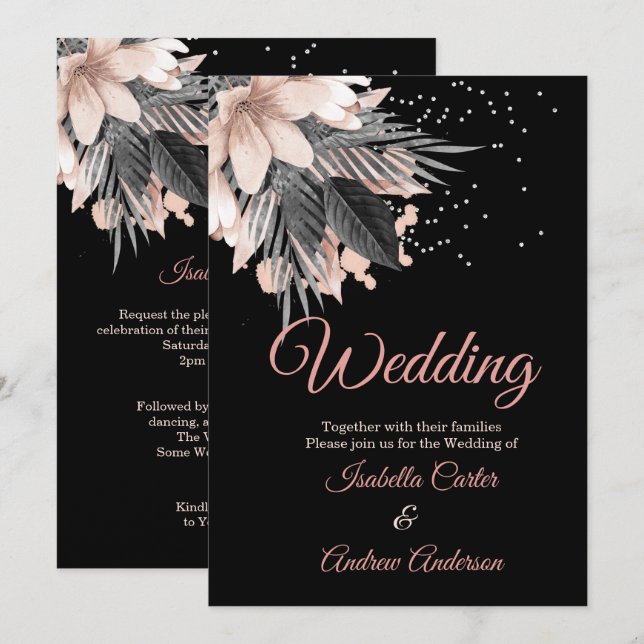 Invitation Mariage Blush Peach Rose Charbon Floral Noir (Devant / Derrière)