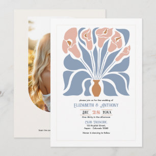Invitation Mariage bohème abstrait floral caramel et bleu pou