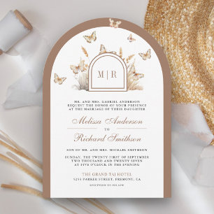 Invitation Mariage Bohème Archée Fleur Sauvage Papillon Beige