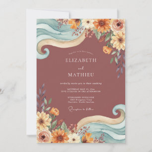Invitation Mariage Bohème Artistique Terre Cuite Sarcelle