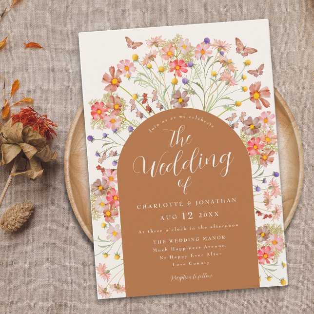 Invitation Mariage Bohème Automnal Papillon Fleur Sauvage (Boho fall wildflower butterfly terracotta arch wedding invitation with elegant modern script )