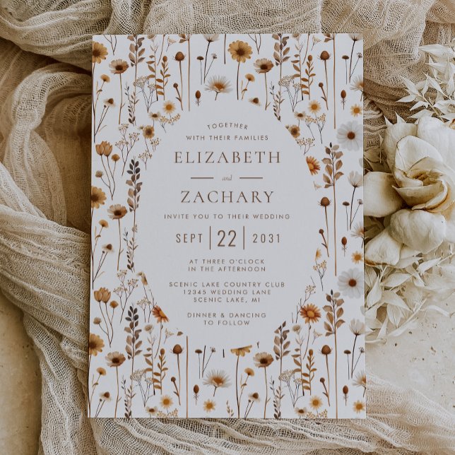 Invitation Mariage Bohème Automne Motif Fleur Sauvage Brun Be (Créateur téléchargé)
