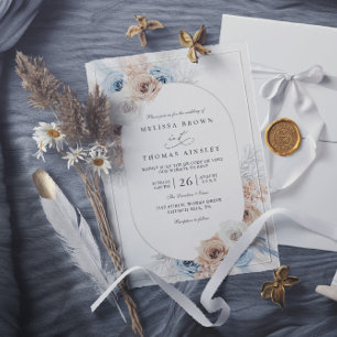 Invitation Mariage bohème bleu et beige avec code QR floral à