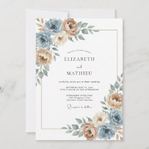 Invitation Mariage Bohème Bleu Poussiéreux Brun