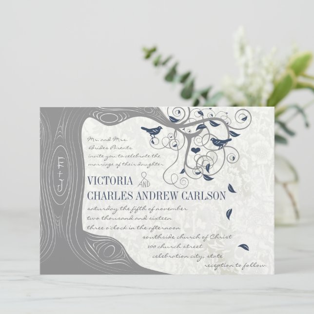 Invitation Mariage Bohème Bohémien Gris Navy Oiseaux d'Amour  (Debout devant)