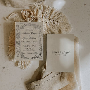 Invitation Mariage Bohème Botanique Fleurie Crème Noir Élégan