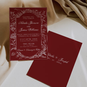 Invitation Mariage Bohème Botanique Fleurs Rouge Profond Élég