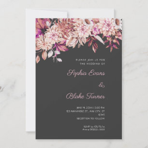 Invitation Mariage Bohème Brun Rose Floral Hiver Gris Galet