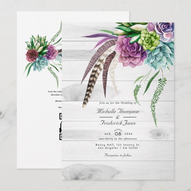 Invitation Mariage Bohème Champêtre avec Succulentes Code QR  (Devant / Derrière)