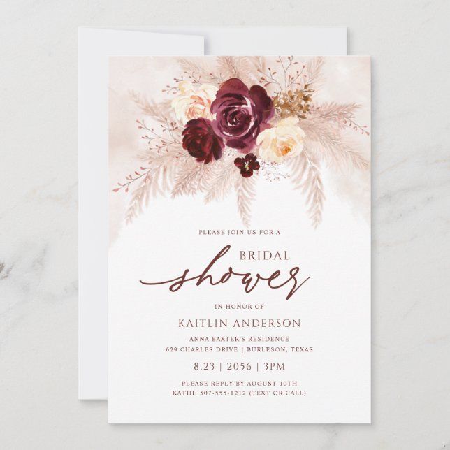 Invitation Mariage Bohème Champêtre Fleurs de Rose Rouille (Devant)